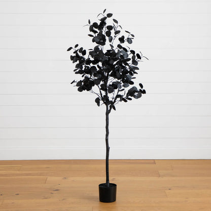 5' Artificial Halloween Black Eucalyptus Tree Nearly Natural black leaves in a black pot on Tampa Home & Garden Store