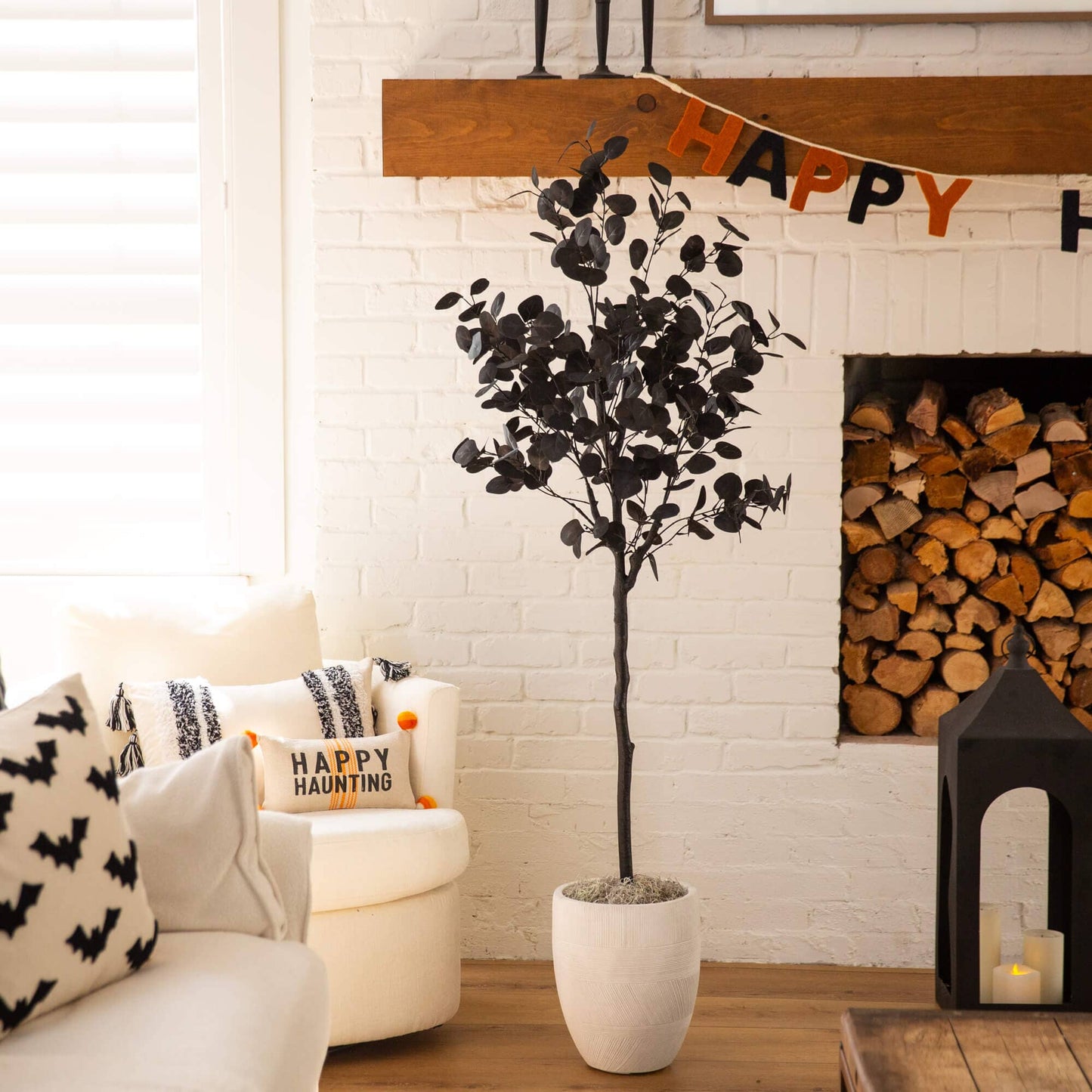 5' Artificial Halloween Black Eucalyptus Tree Nearly Natural with dark foliage in white planter on Tampa Home & Garden Store