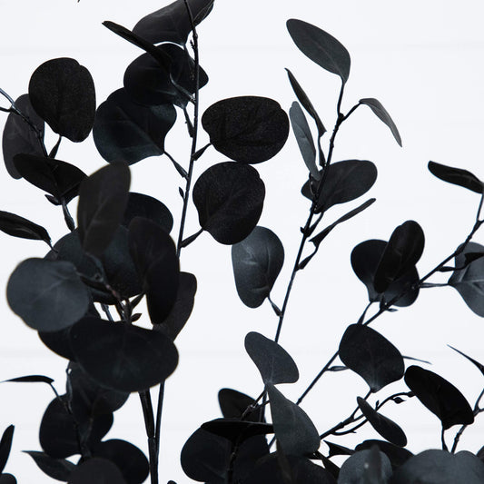 5' artificial Halloween black eucalyptus tree by Nearly Natural with dark oval leaves on Tampa Home & Garden Store