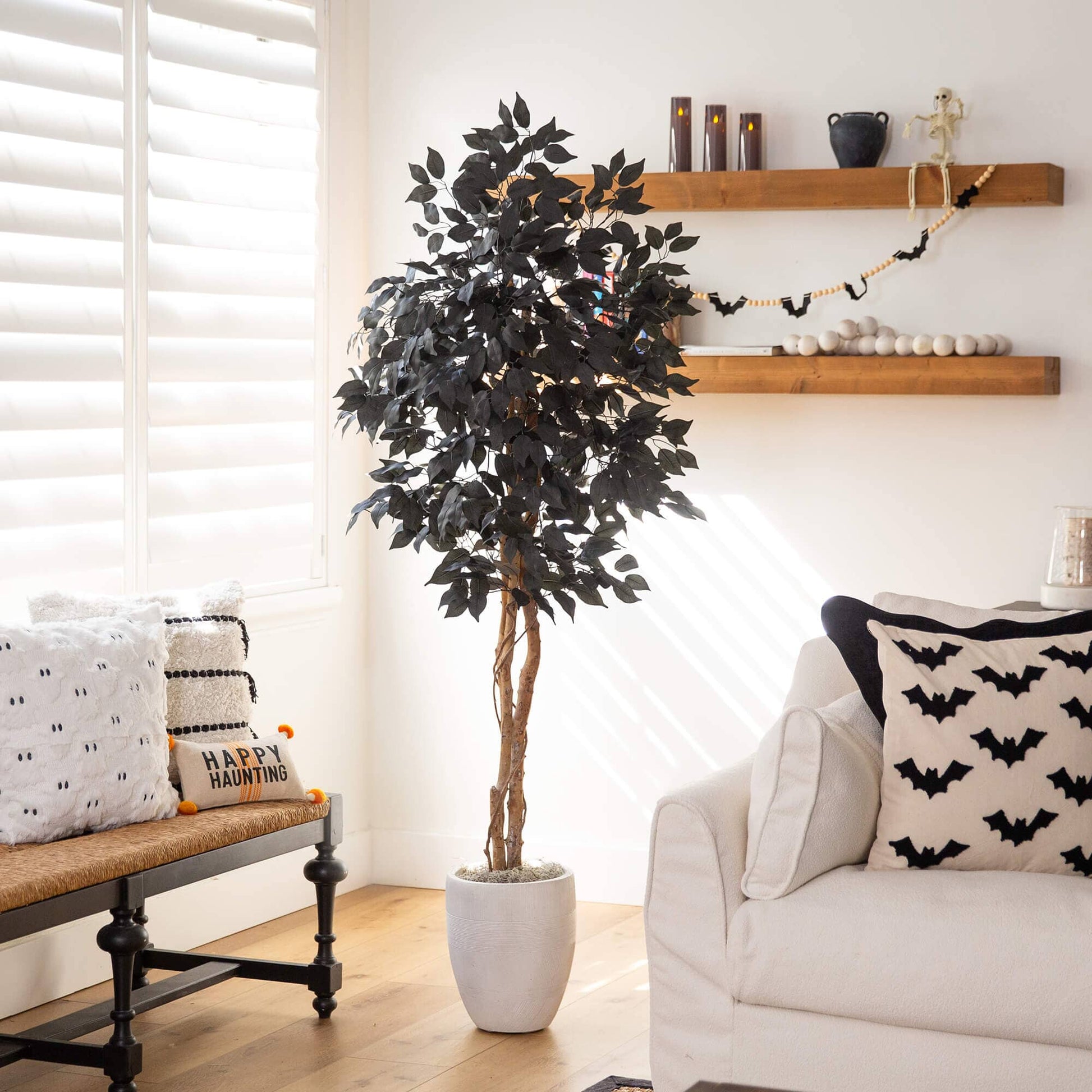 5' Nearly Natural Halloween black ficus tree with natural trunk in a light gray pot on Tampa Home & Garden Store