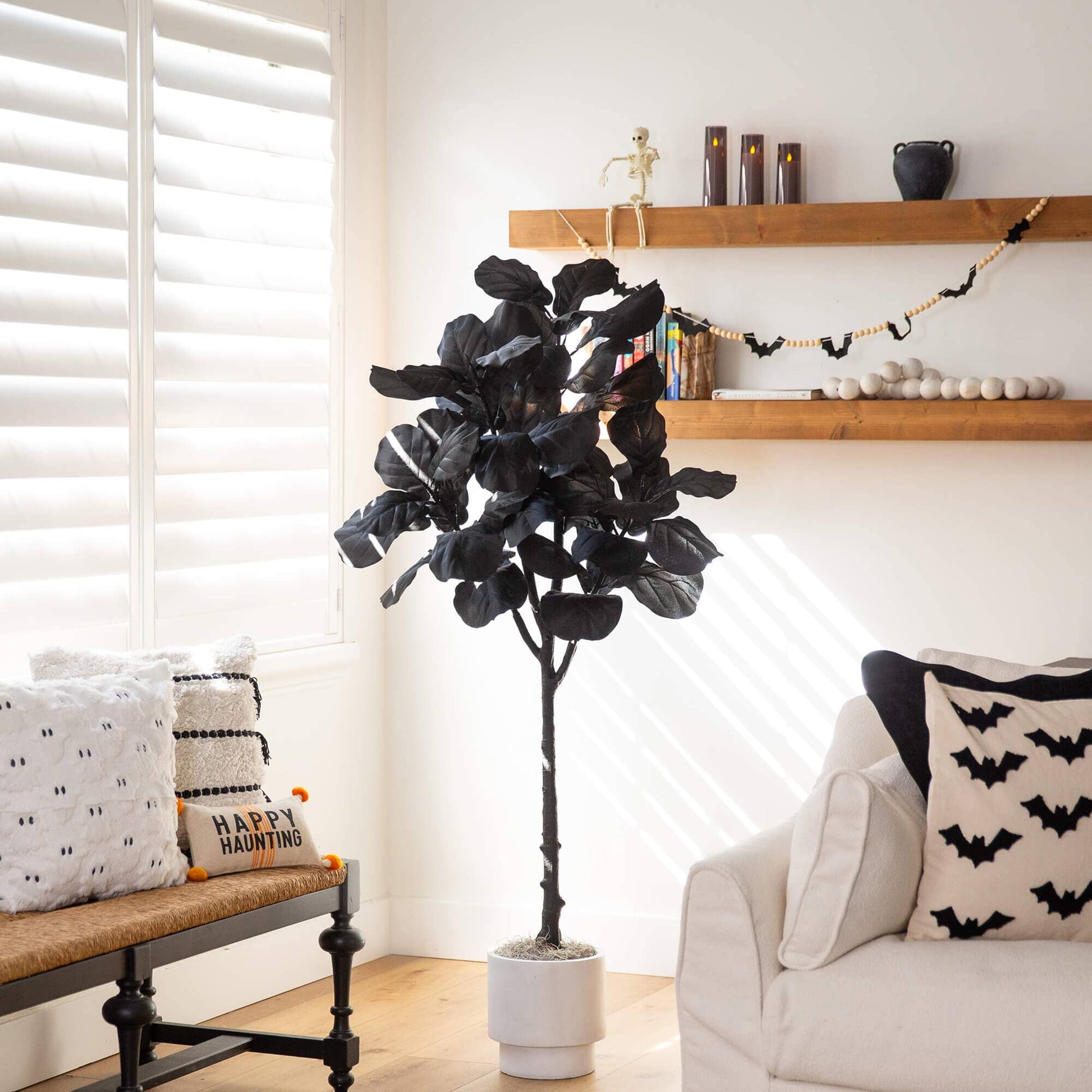 5' Artificial Halloween Black Fiddle Leaf Tree by Nearly Natural with black leaves in a white pot on Tampa Home & Garden Store