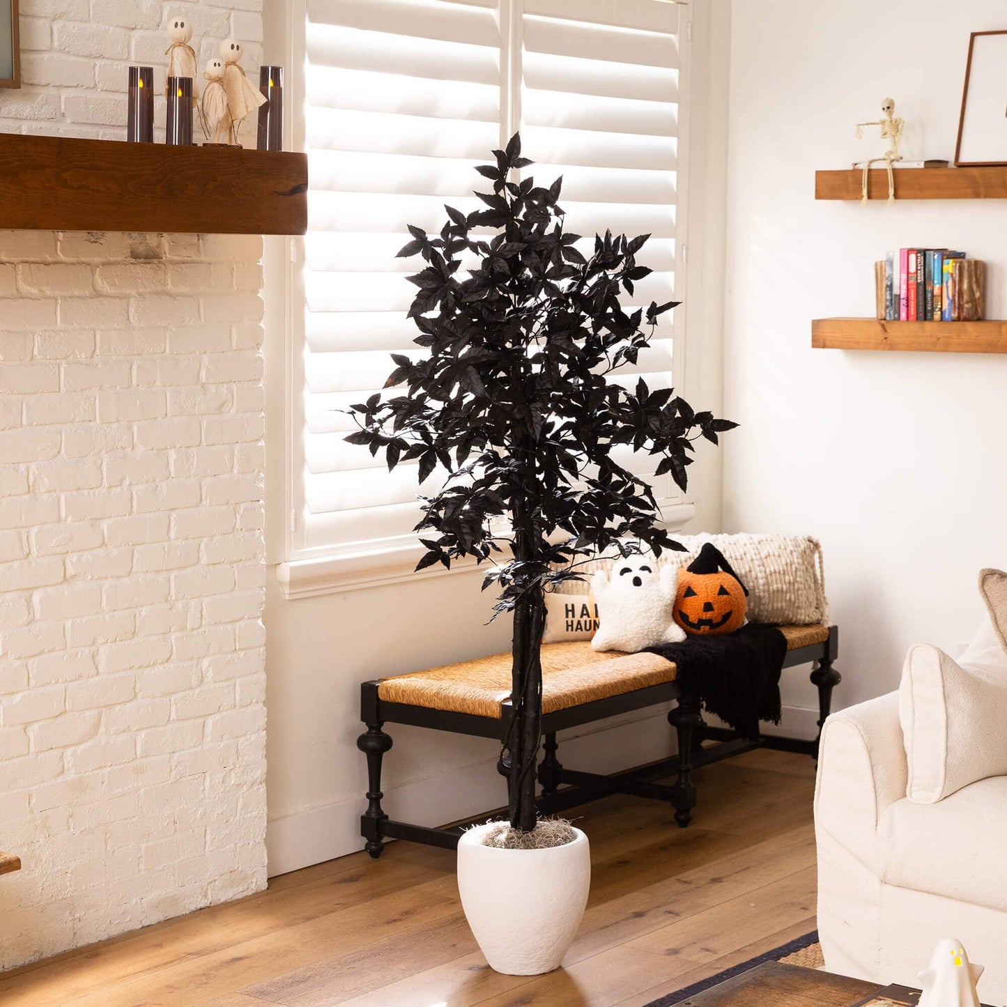 5' artificial Halloween Black Maple Tree with Natural Trunk by Nearly Natural in white pot on Tampa Home & Garden Store