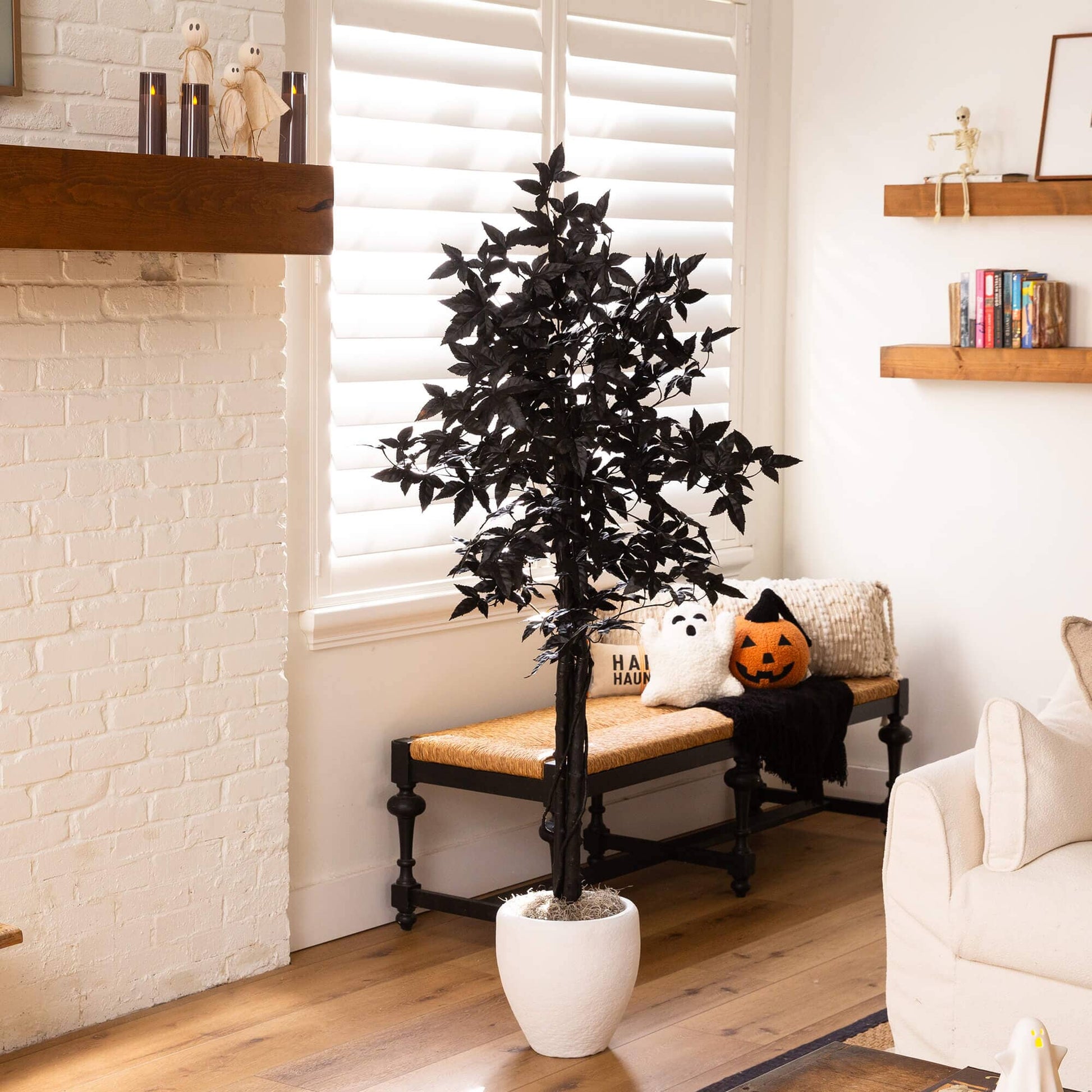 5' artificial Halloween Black Maple Tree with Natural Trunk by Nearly Natural in white pot on Tampa Home & Garden Store