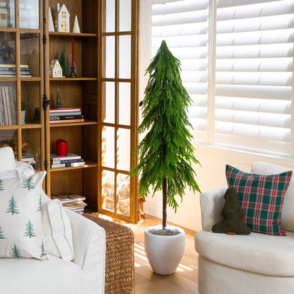 5' artificial Norfolk pine tree with real-touch, down-swept branches in green, in a white pot on Tampa Home & Garden Store