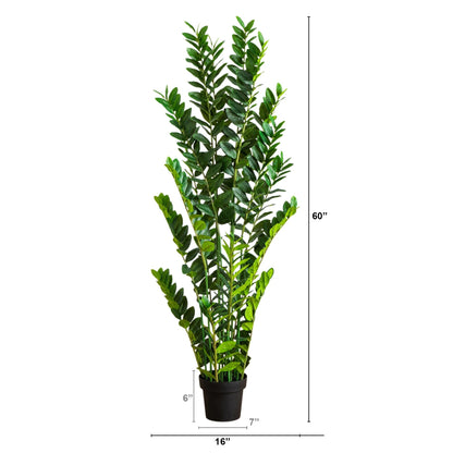 5' Artificial Zamioculcas Plant by Nearly Natural; tall stems with glossy leaves in a black pot on Tampa Home & Garden Store