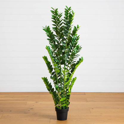 5' Artificial Zamioculcas Plant by Nearly Natural; tall ZZ plant with green leaves in black pot on Tampa Home & Garden Store