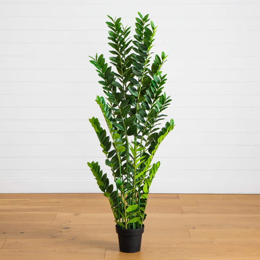 5' Artificial Zamioculcas Plant by Nearly Natural; tall ZZ plant with green leaves in black pot on Tampa Home & Garden Store
