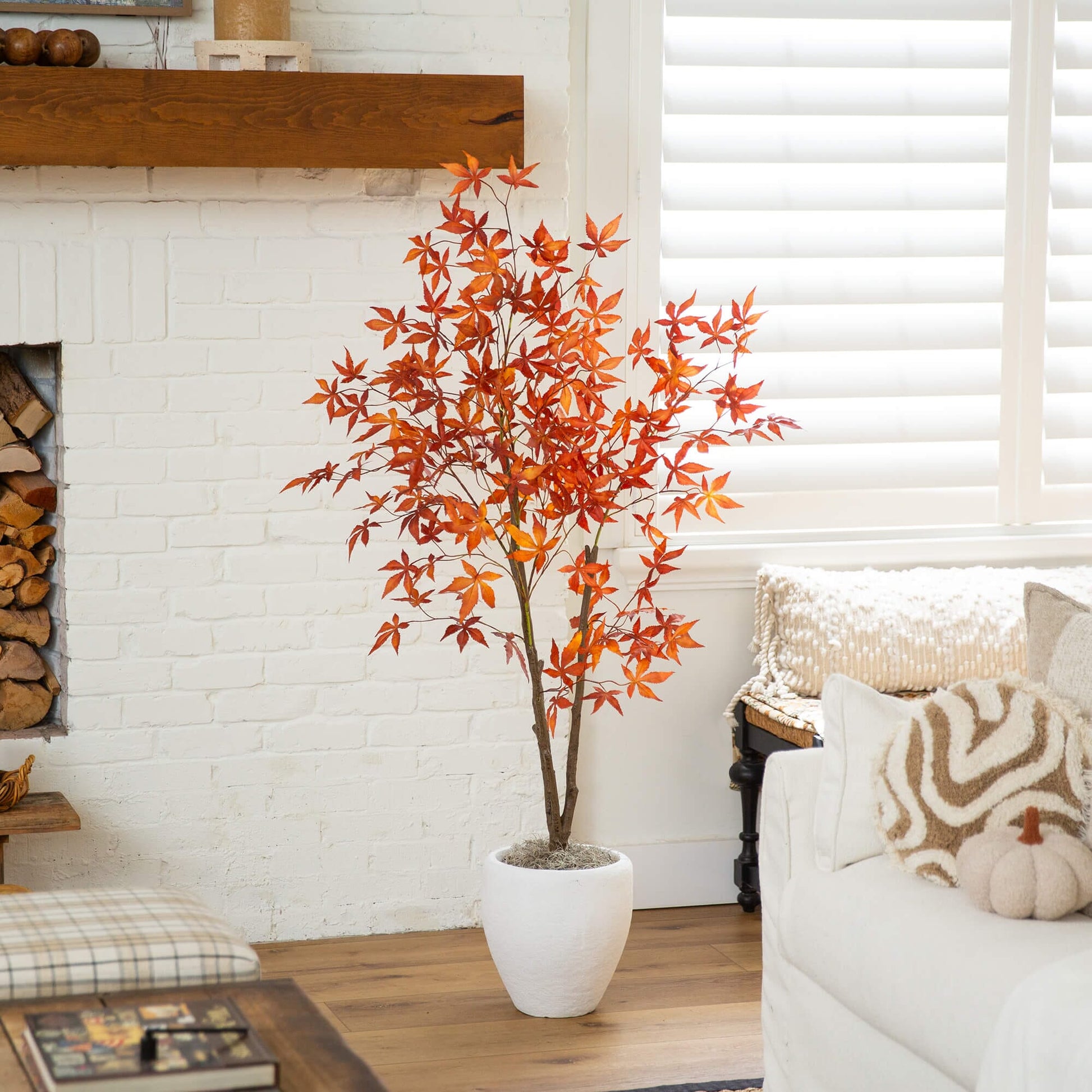 5' Autumn Japanese Maple Artificial Tree by Nearly Natural with orange leaves in white planter on Tampa Home & Garden Store