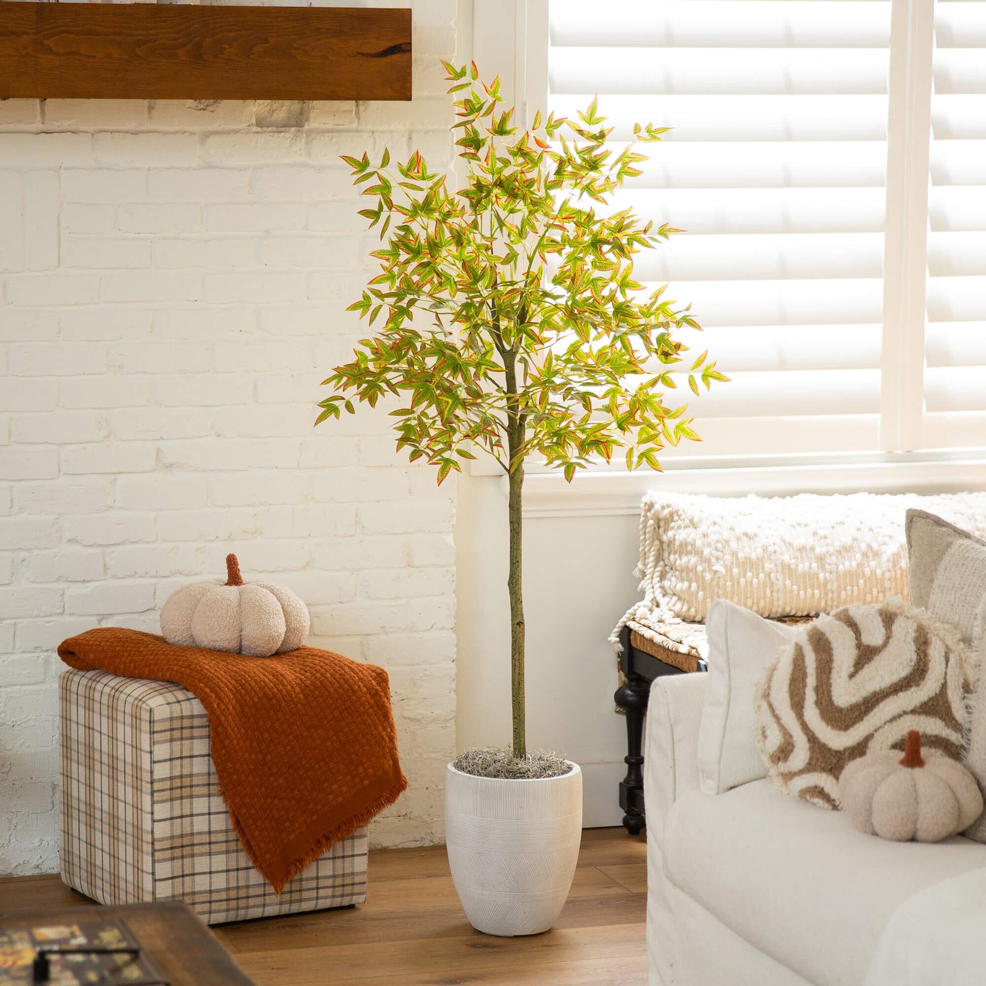5' Autumn Nandina Artificial Fall Tree by Nearly Natural in a white pot indoor display on Tampa Home & Garden Store