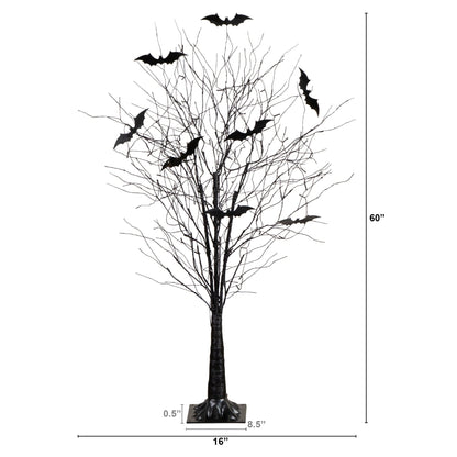 Nearly Natural 5' Pre-Lit Halloween Black Twig Tree with Bats and 50 Warm White LED Lights on Tampa Home & Garden Store