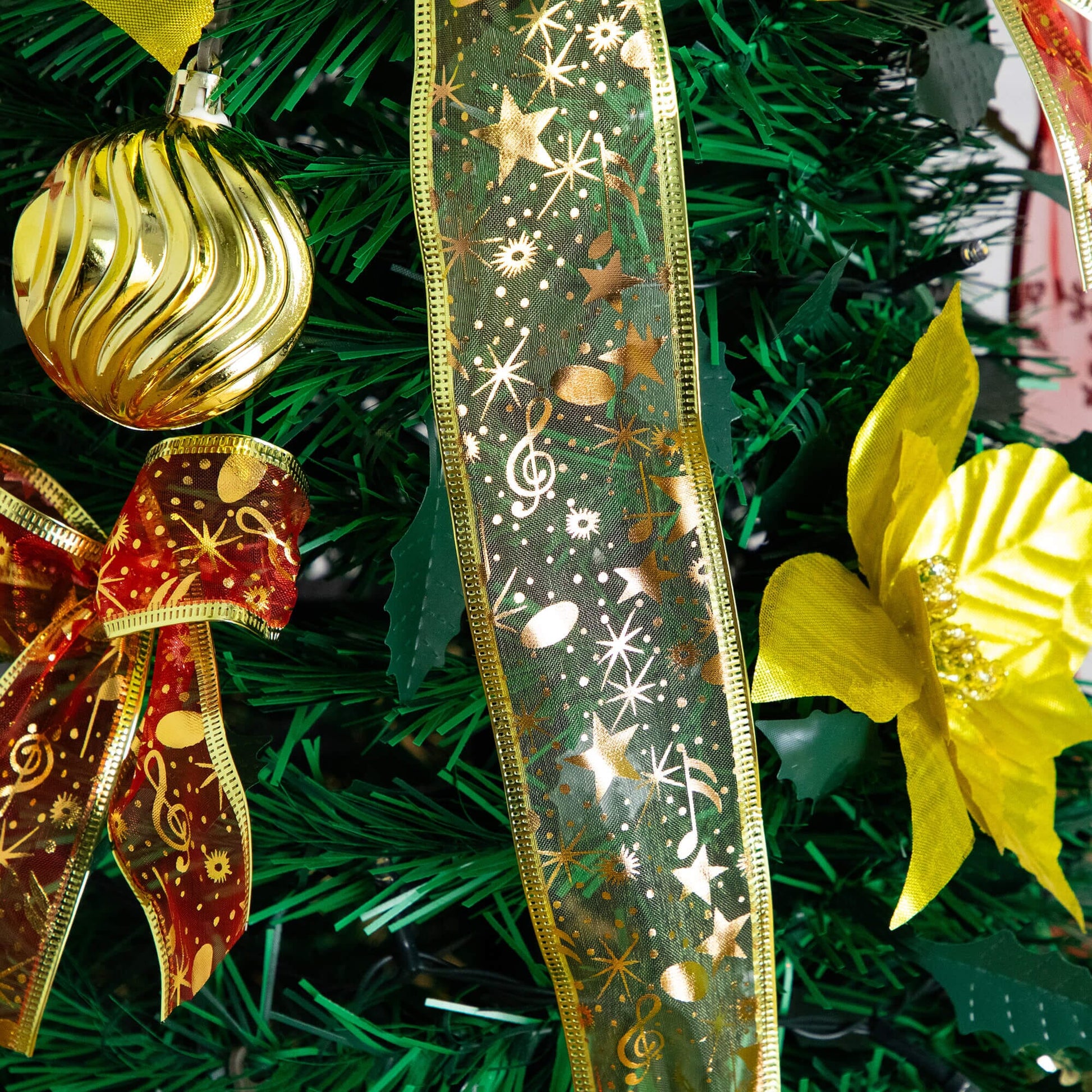 5 ft Nearly Natural Christmas tree close-up with gold ornament and red-gold star ribbon on Tampa Home & Garden Store