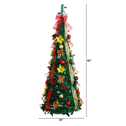 5ft pre-lit Christmas tree with red and gold ornaments and ribbons, 100 warm-white LEDs on Tampa Home & Garden Store