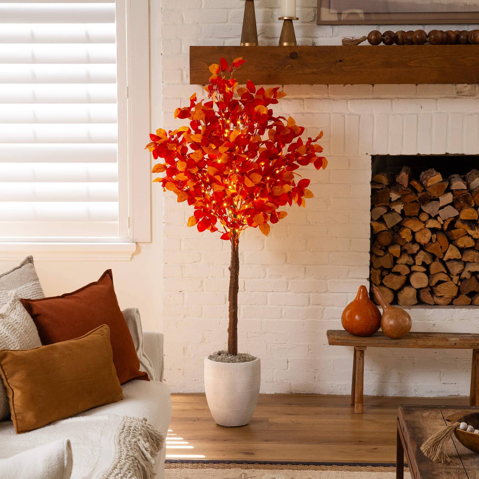 5' Pre-Lit Autumn Artificial Fall Tree with 200 Warm White LEDs, Nearly Natural indoor orange-red leaves on Tampa Home & Garden Store