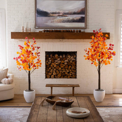 Pair of 5 ft pre-lit autumn eucalyptus artificial trees with 300 warm white LED lights on Tampa Home & Garden Store