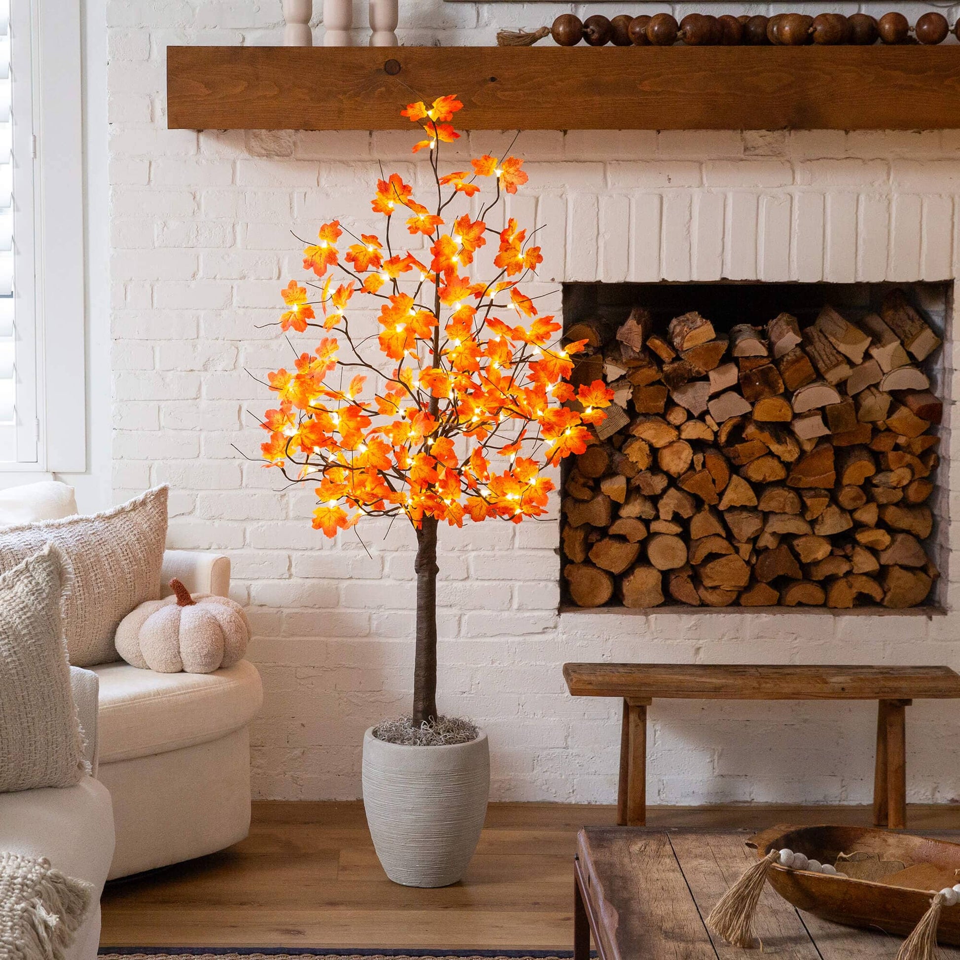 5 ft minimalist autumn maple artificial tree with 96 warm white LEDs, Nearly Natural on Tampa Home & Garden Store