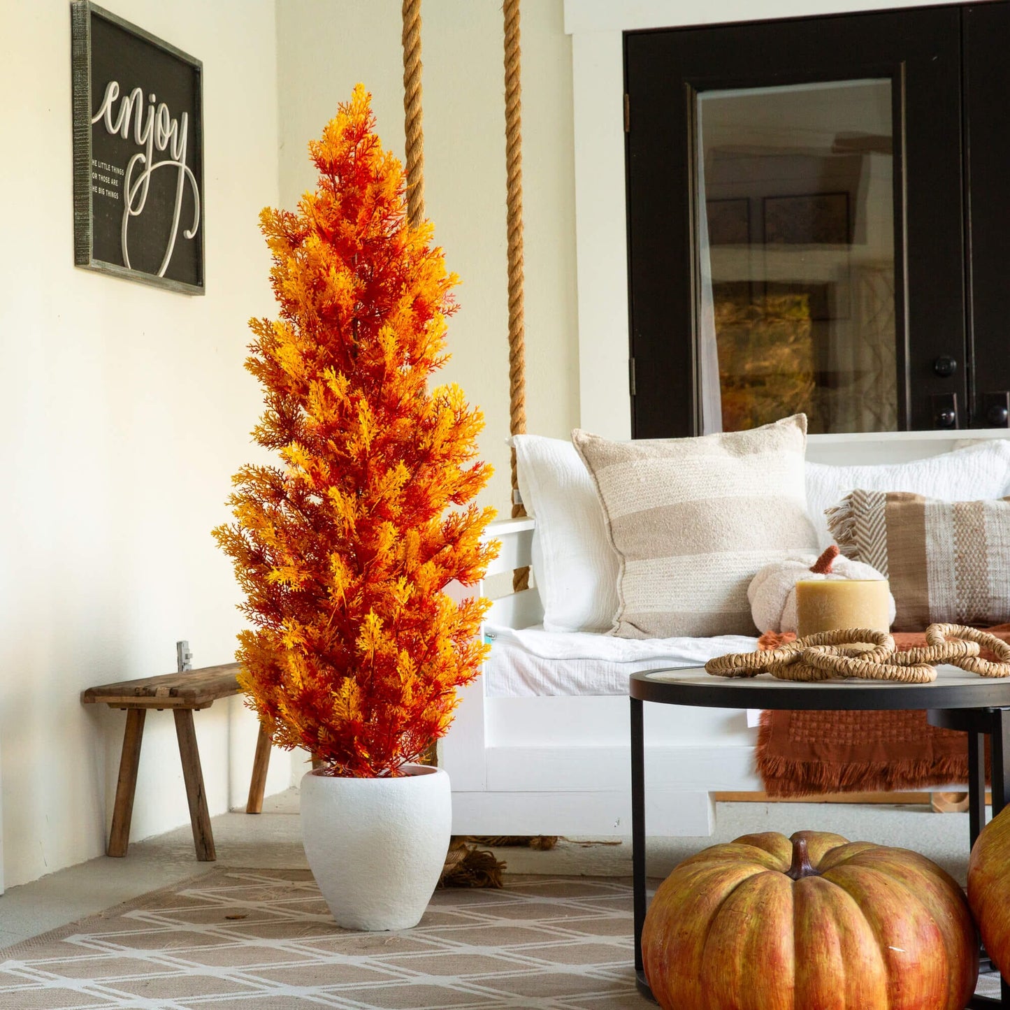 Nearly Natural 5' UV Resistant Autumn Artificial Fall Cedar Tree in white pot with orange foliage indoor/outdoor on Tampa Home & Garden Store