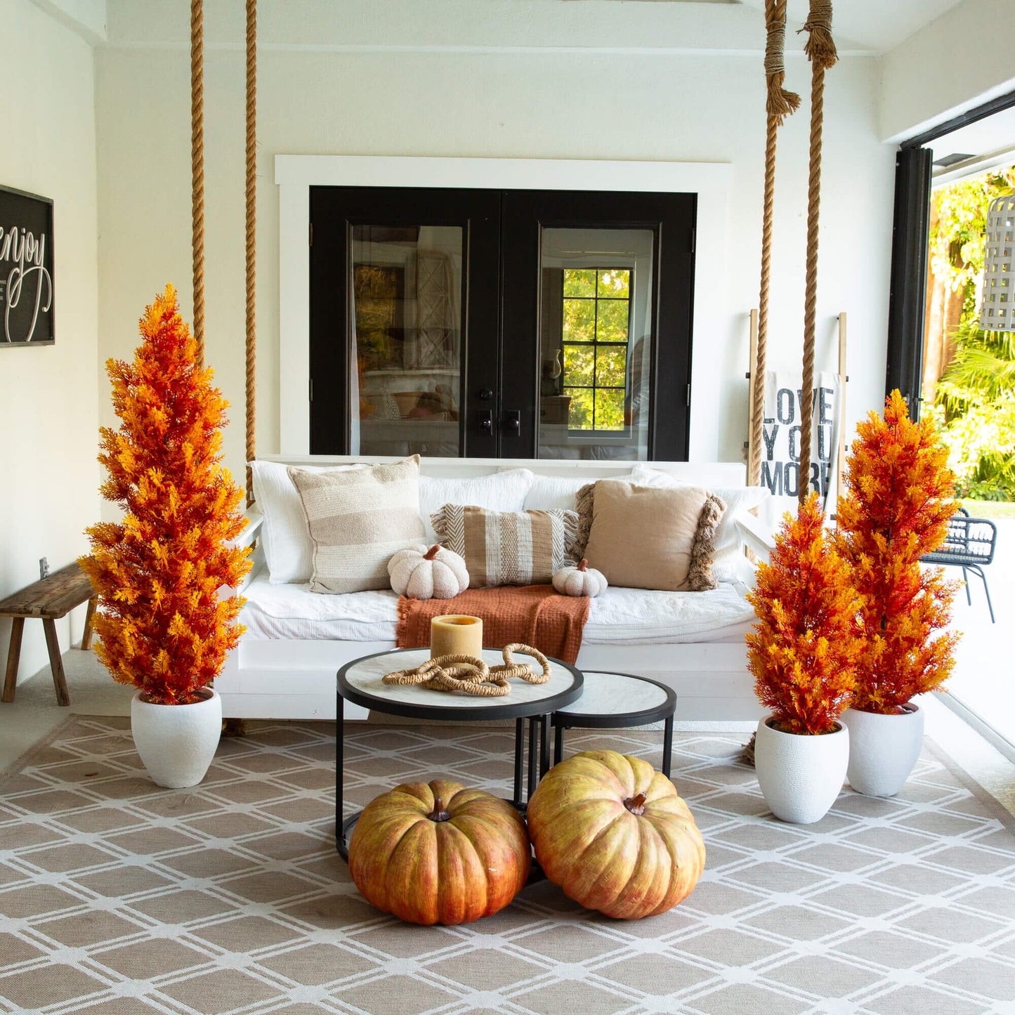 Autumn Cedar Artificial Tree, 5' UV resistant, Nearly Natural, orange foliage, 2 shown on Tampa Home & Garden Store