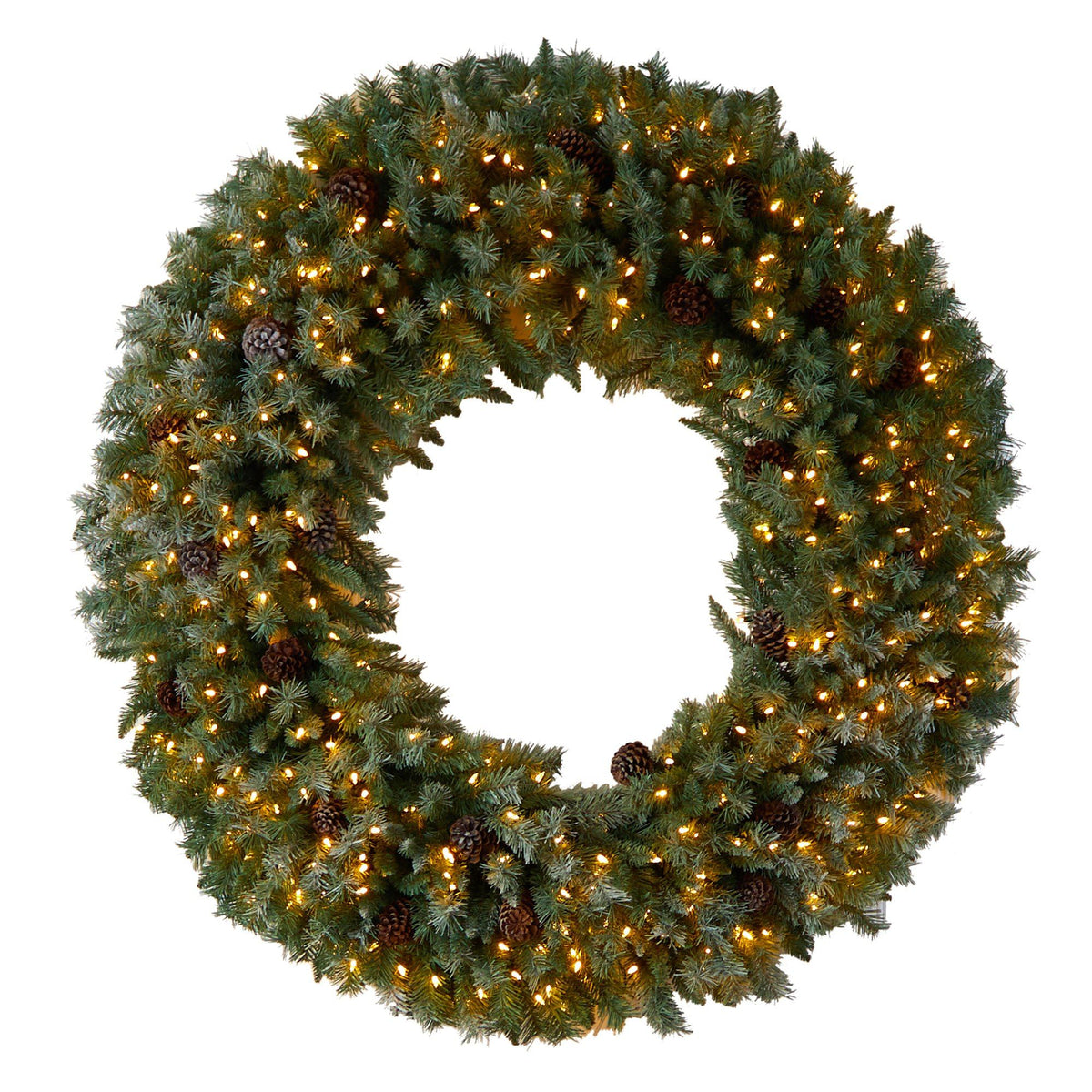 5’ Giant Flocked Christmas Wreath with pinecones, 400 clear LED lights by Nearly Natural on Tampa Home & Garden Store