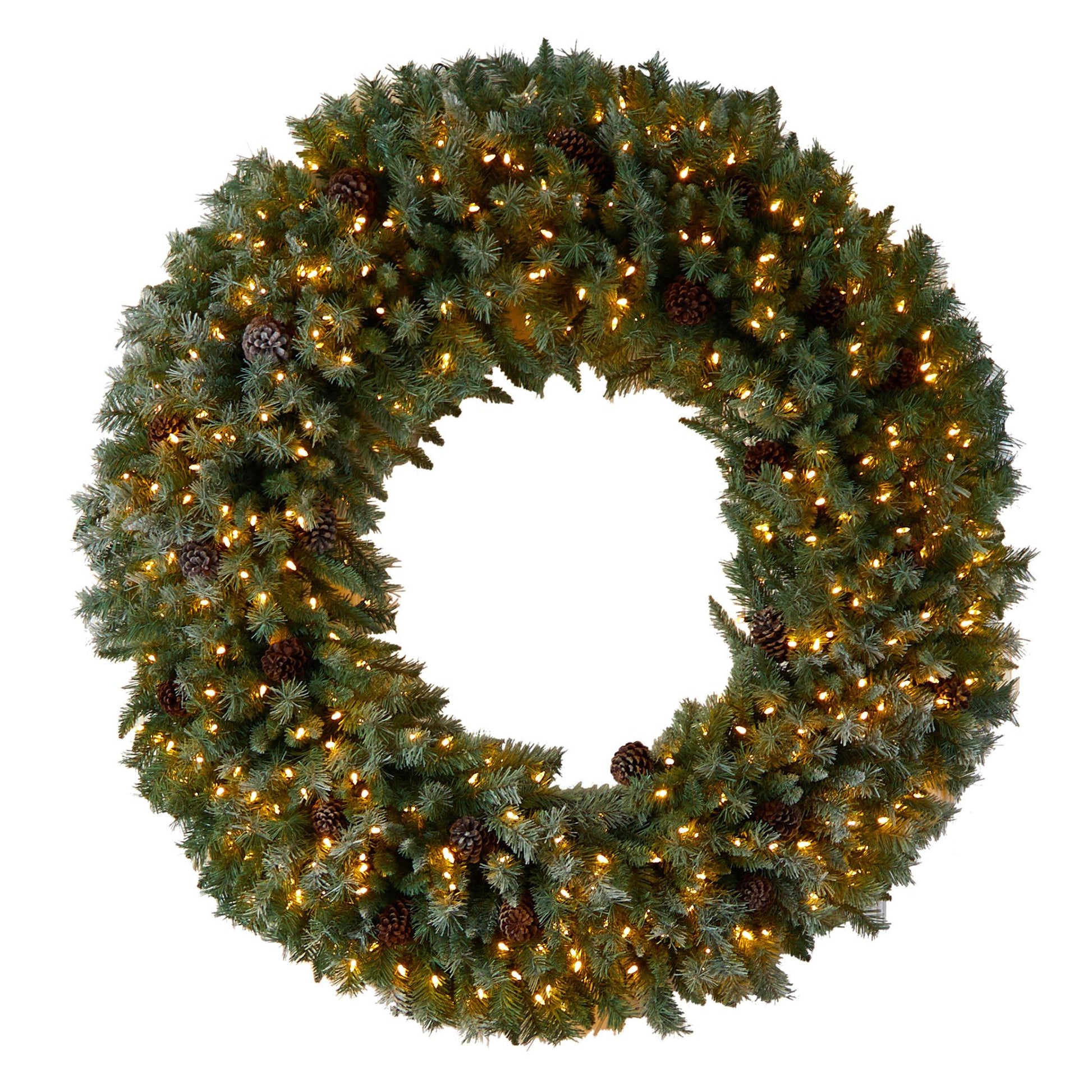 5’ Giant Flocked Christmas Wreath with pinecones, 400 clear LED lights by Nearly Natural on Tampa Home & Garden Store