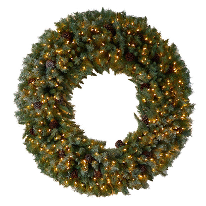 5’ Giant Flocked Christmas Wreath with pinecones, 400 clear LED lights by Nearly Natural on Tampa Home & Garden Store