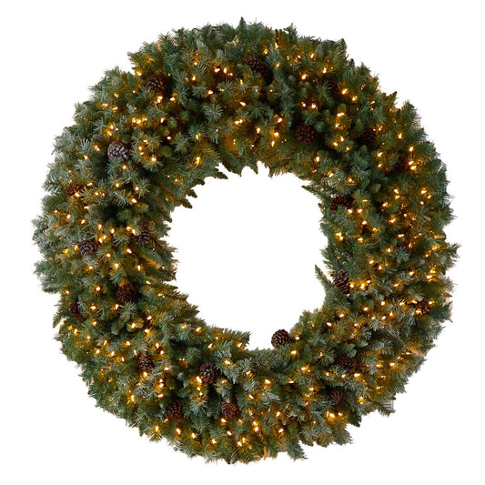 5’ Giant Flocked Christmas Wreath with pinecones, 400 clear LED lights by Nearly Natural on Tampa Home & Garden Store