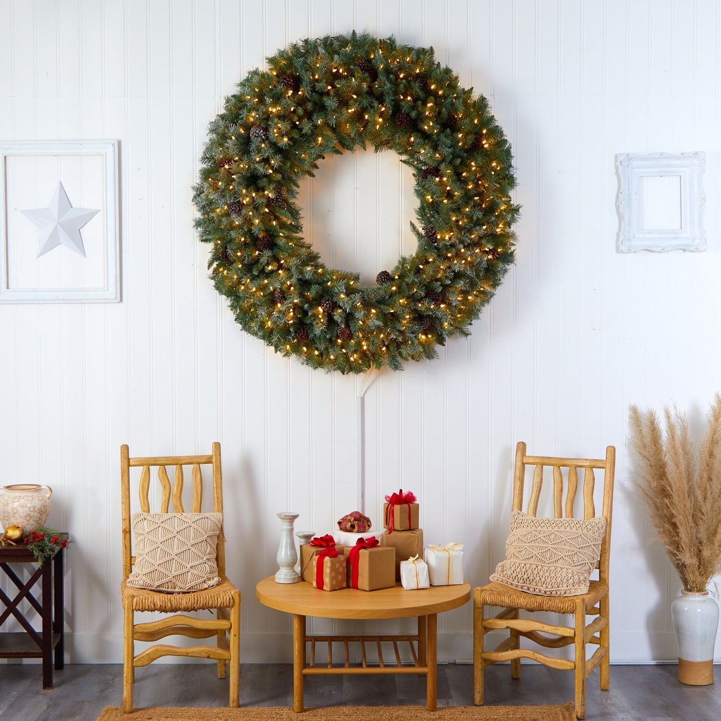 5’ Flocked Christmas Wreath with Pinecones, 400 LED Lights and 760 Bendable Branches by Nearly Natural on Tampa Home & Garden Store