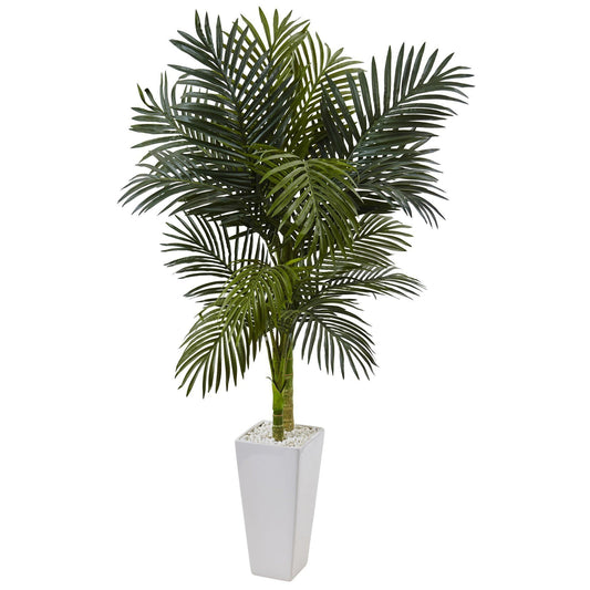 5 ft Golden Cane Palm Tree in White Tower Planter, Nearly Natural artificial palm with green fronds and white pebble base on Tampa Home & Garden Store