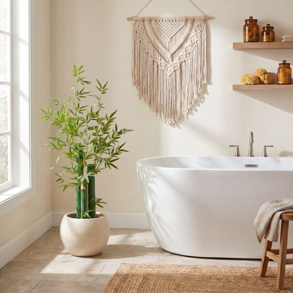 5’ Green Bamboo Artificial Tree by Nearly Natural in beige pot beside a white tub in bath on Tampa Home & Garden Store