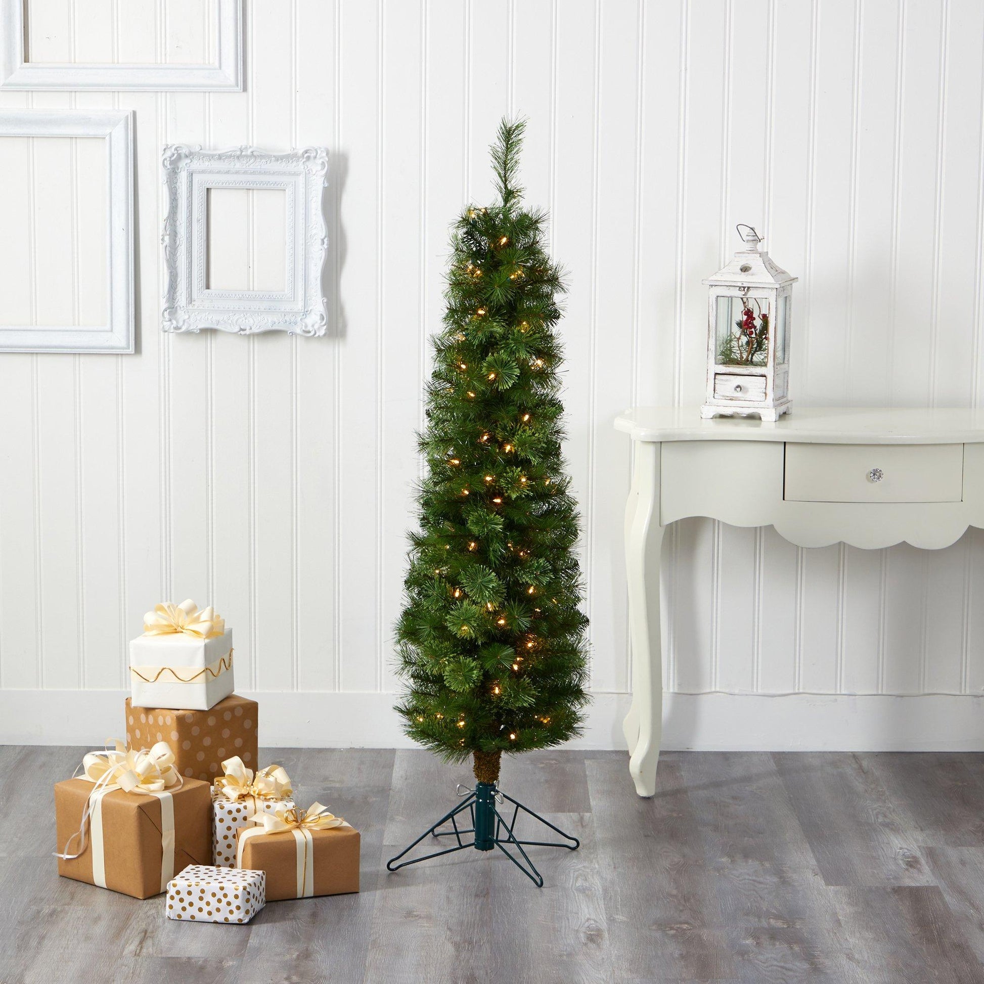 5 ft green pencil Christmas tree with 100 clear LED lights and 198 bendable branches on Tampa Home & Garden Store