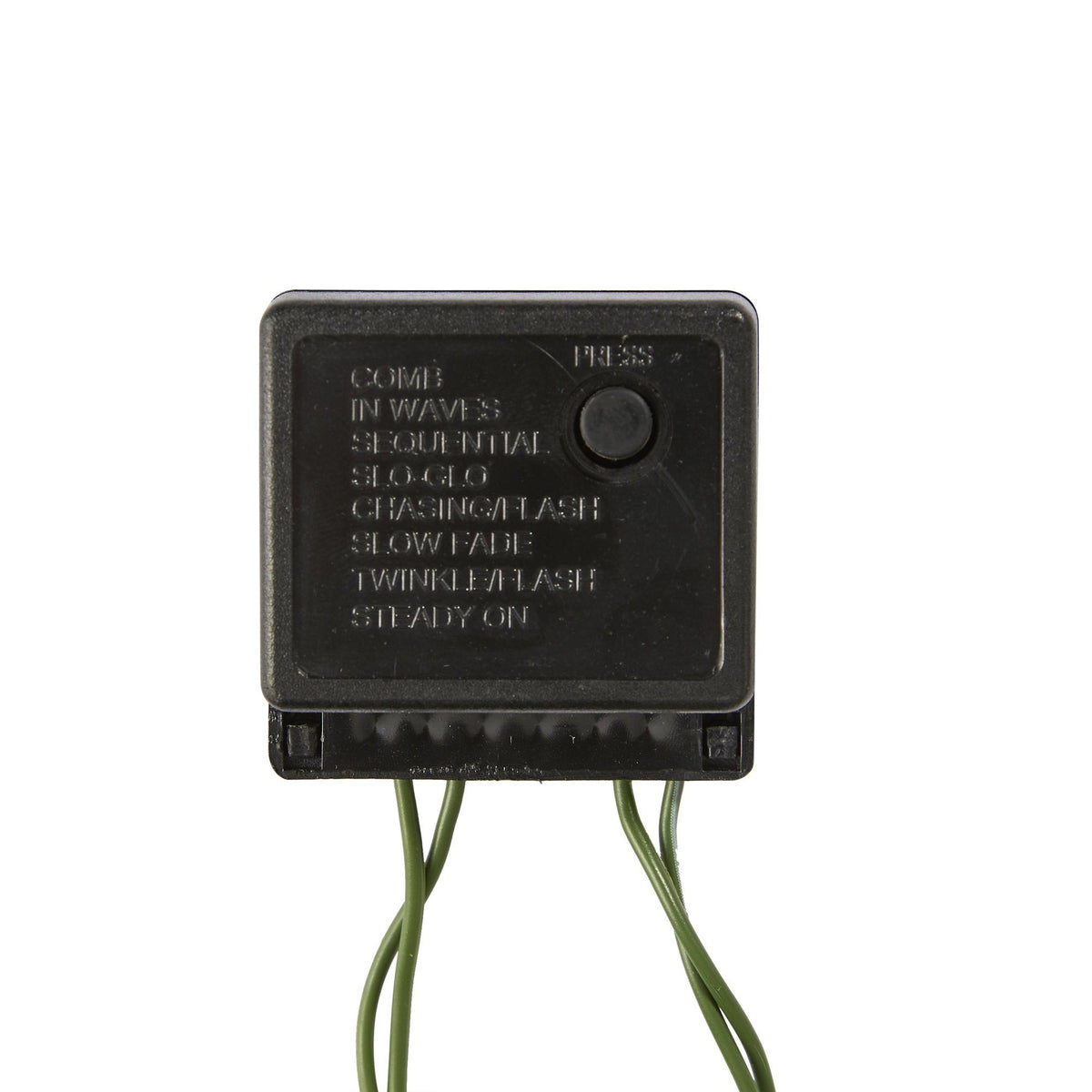 LED light controller for Christmas tree lights; black box with mode labels and green wires on Tampa Home & Garden Store