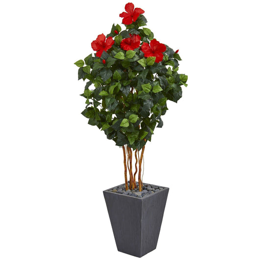 5’ Hibiscus Artificial Tree in Slate Planter with red blooms and lush green leaves on Tampa Home & Garden Store