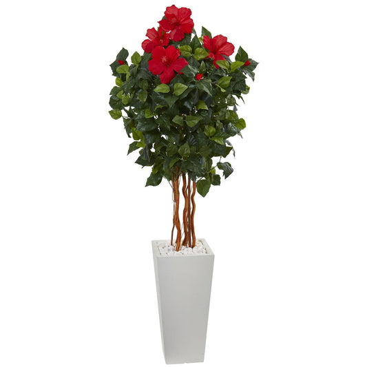 5' hibiscus artificial tree in white tower planter with red blooms and lush leaves on Tampa Home & Garden Store