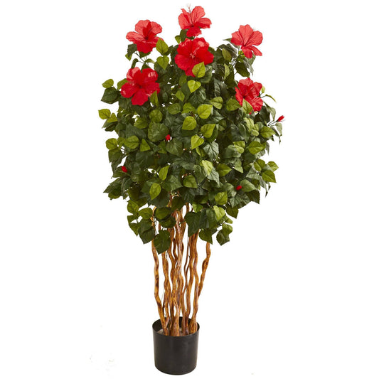 5 ft Hibiscus Artificial Tree by Nearly Natural with red flowers, dense green leaves in black planter on Tampa Home & Garden Store