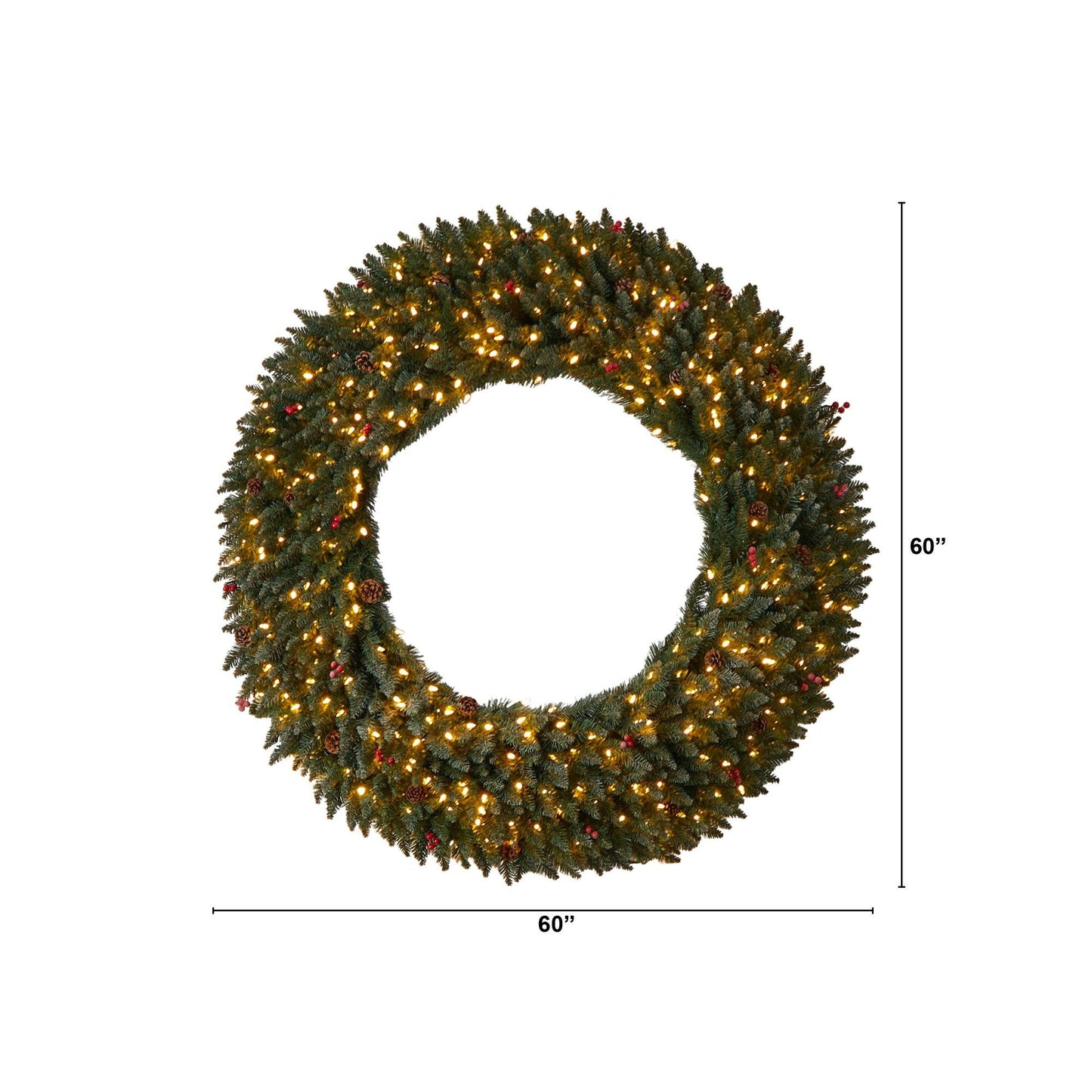 Wreath Nearly Natural 5 ft flocked evergreen with pinecones, berries and 400 LED lights on Tampa Home & Garden Store