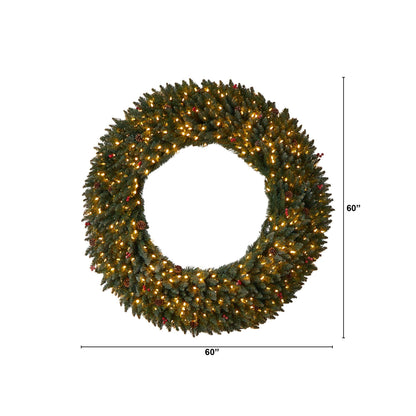 Wreath Nearly Natural 5 ft flocked evergreen with pinecones, berries and 400 LED lights on Tampa Home & Garden Store