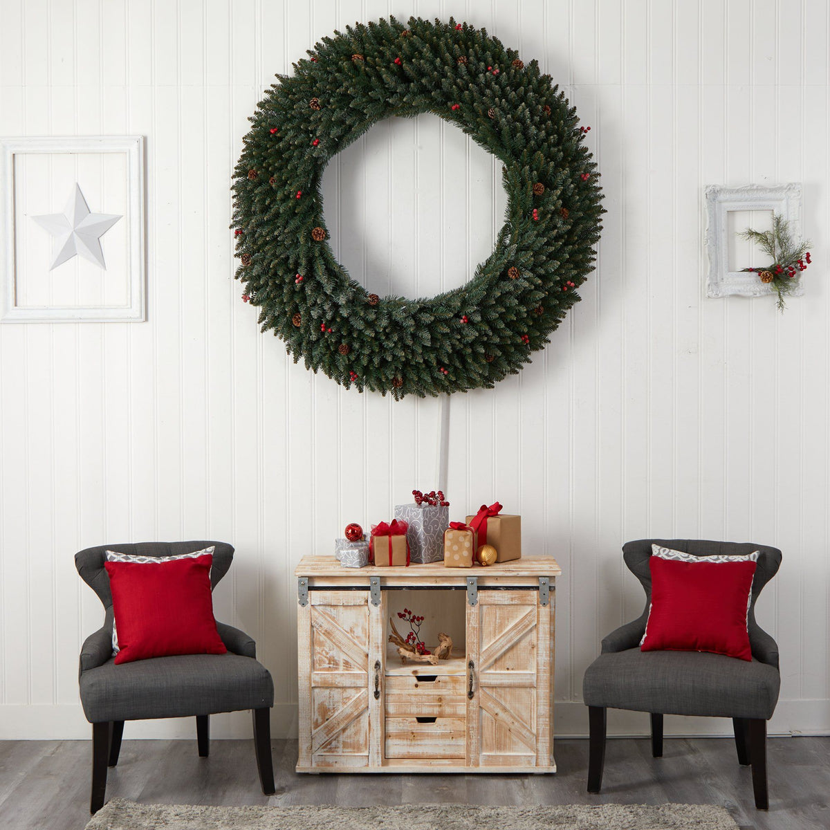 Wreath Nearly Natural 5’ flocked wreath with pinecones, red berries and 400 clear LED lights on Tampa Home & Garden Store