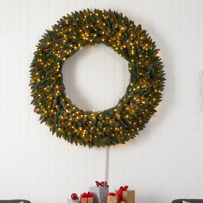 Wreath Nearly Natural 5 ft Large Flocked with pinecones and berries, 400 clear LED lights on Tampa Home & Garden Store