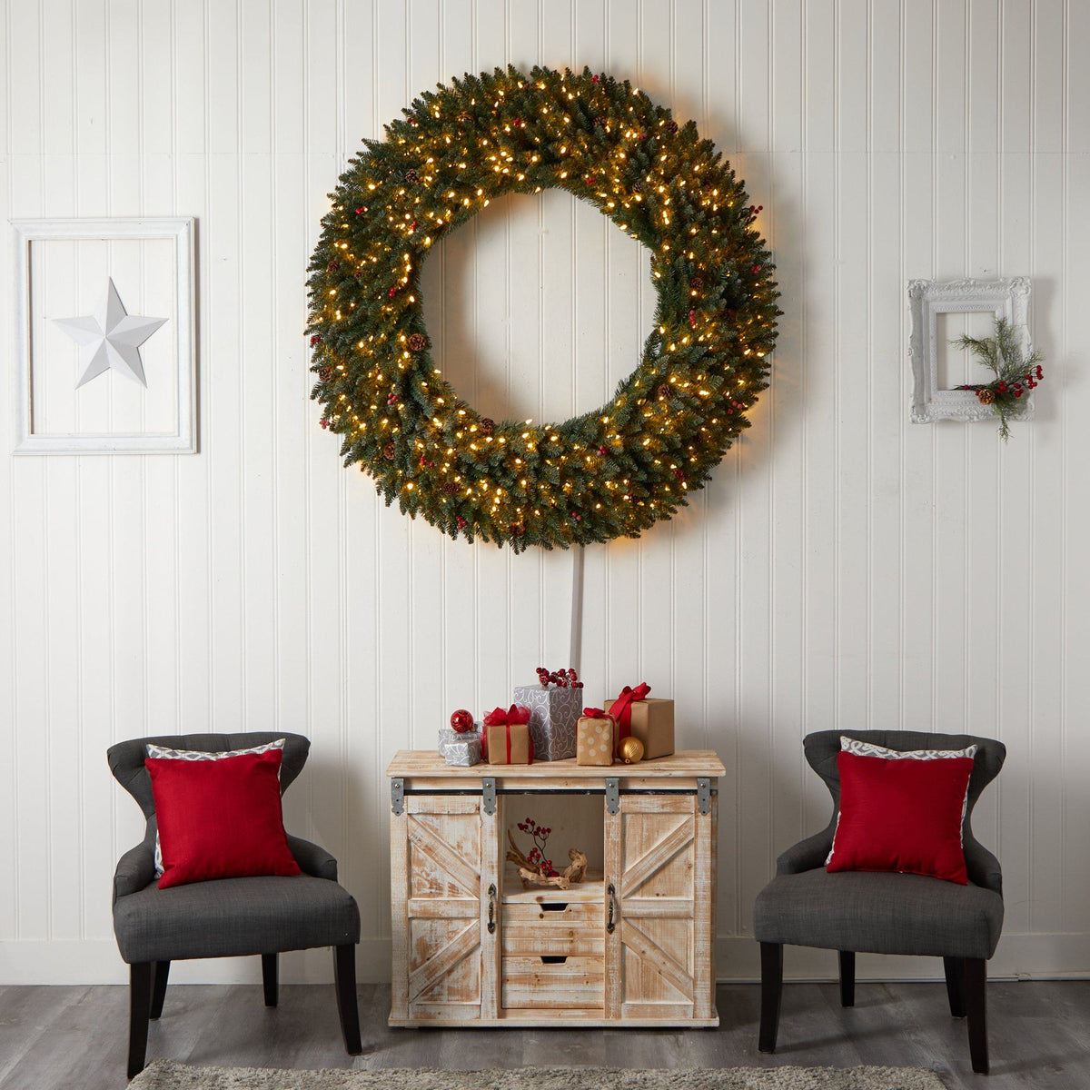 Wreath Nearly Natural 5’ Large Flocked with pinecones, berries and LED lights on Tampa Home & Garden Store