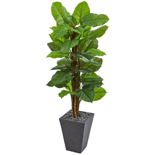 5’ Large Leaf Philodendron artificial plant in slate planter with gray pebble bed, Nearly Natural on Tampa Home & Garden Store