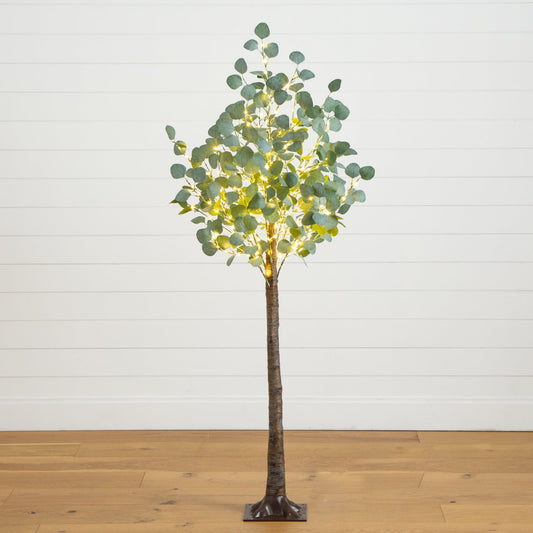5 ft lighted eucalyptus tree with 300 warm white LEDs; green rounded leaves around wrapped trunk on Tampa Home & Garden Store