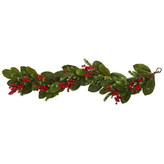5 ft Magnolia Berry Pine Artificial Garland by Nearly Natural with red berries and pinecones on Tampa Home & Garden Store