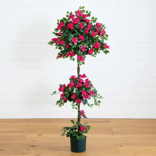 5 ft mini bougainvillea topiary with pink blooms and green leaves in a pot Nearly Natural on Tampa Home & Garden Store