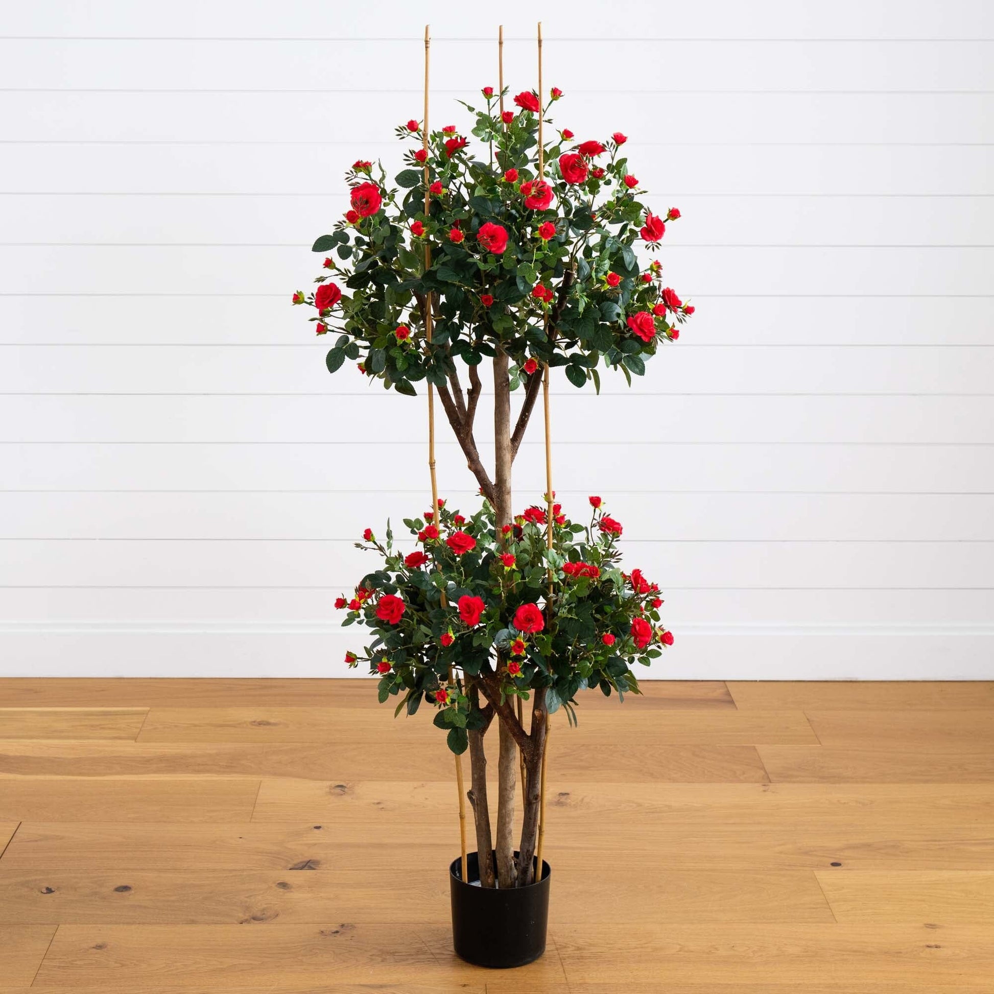 5' Mini Rose Silk Tree with red roses and green leaves in a black planter by Nearly Natural on Tampa Home & Garden Store