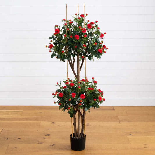 5' Mini Rose Silk Tree with red roses and green leaves in a black planter by Nearly Natural on Tampa Home & Garden Store