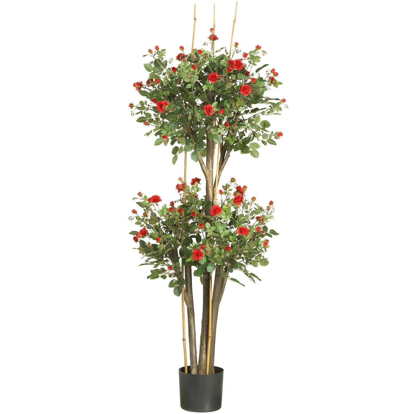 5' Mini Rose Silk Tree by Nearly Natural with red roses, green leaves in a dark pot on Tampa Home & Garden Store