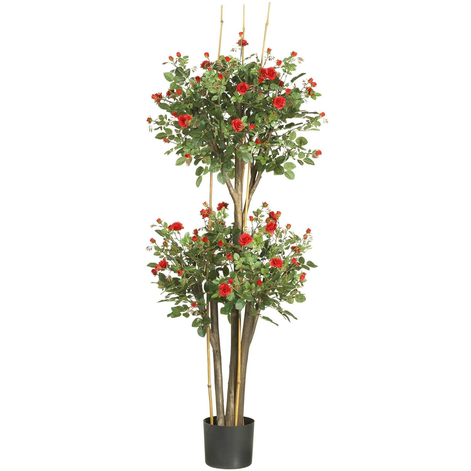 5' Mini Rose Silk Tree by Nearly Natural with red roses, green leaves in a dark pot on Tampa Home & Garden Store