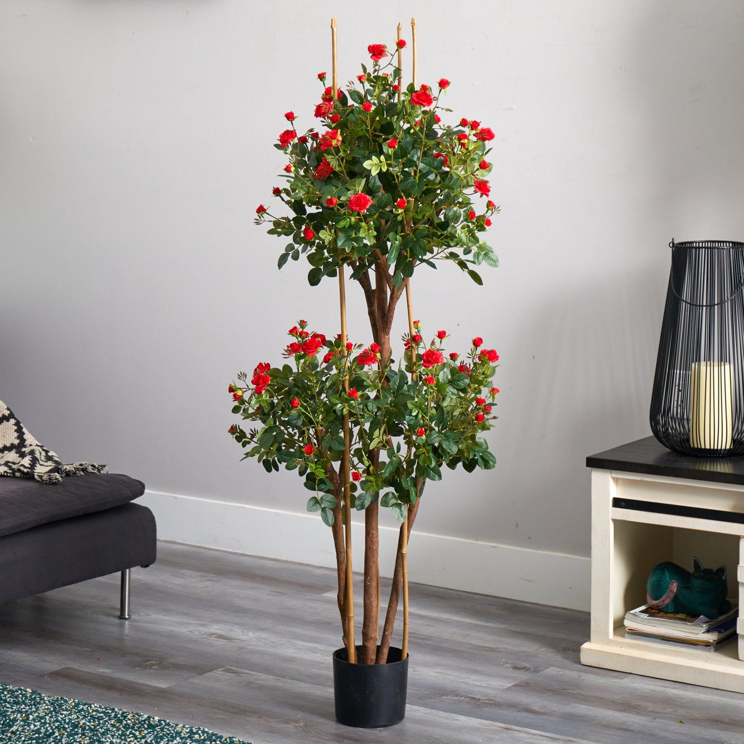 5' Mini Rose Silk Tree by Nearly Natural with red rose blooms and lush green leaves in a black pot on Tampa Home & Garden Store