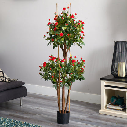 5' Mini Rose Silk Tree by Nearly Natural with red rose blooms and lush green leaves in a black pot on Tampa Home & Garden Store