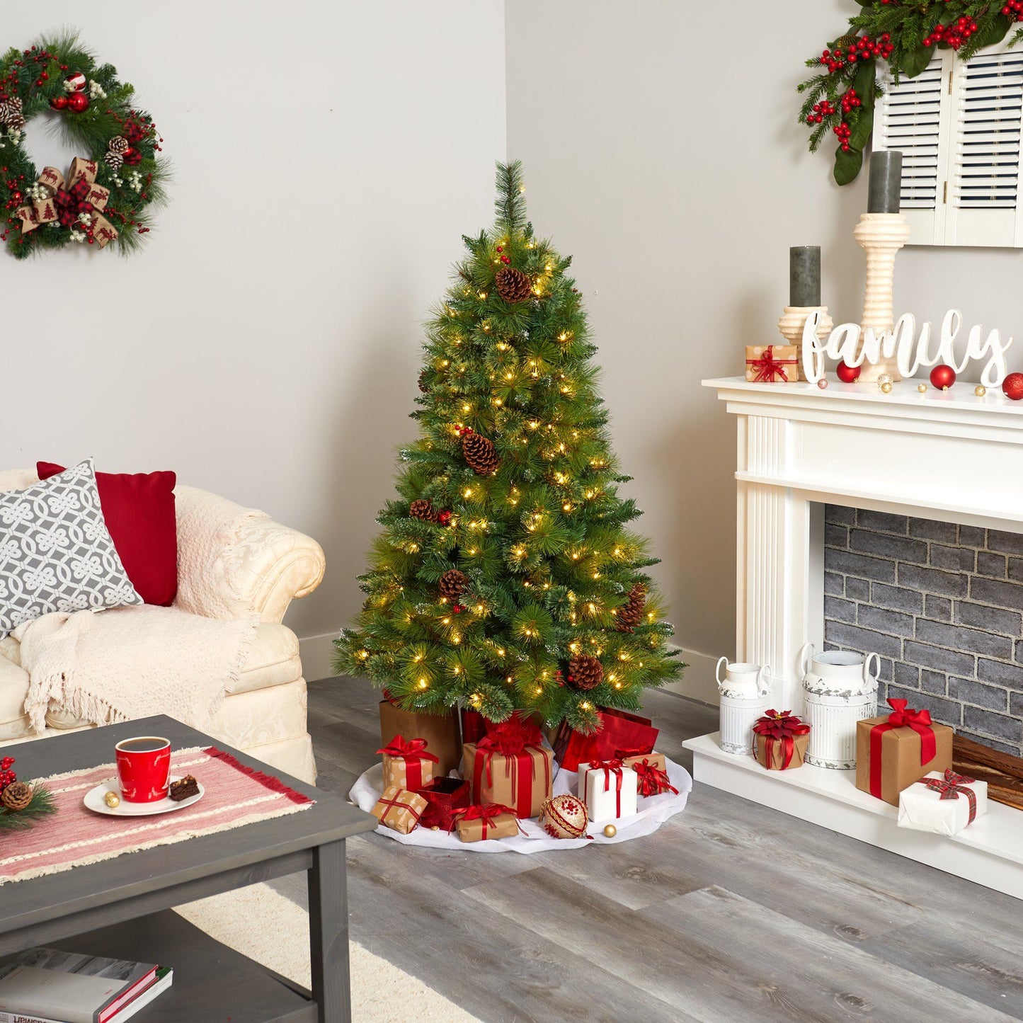 Nearly Natural 5 ft Mixed Pine Artificial Christmas Tree with berries and 250 LED lights on Tampa Home & Garden Store