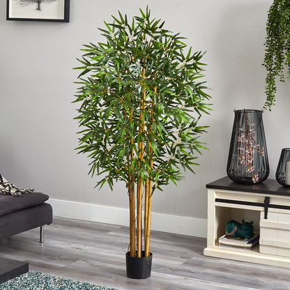5' Multi Bambusa Bamboo Silk Tree by Nearly Natural in a black pot with lush green leaves on Tampa Home & Garden Store